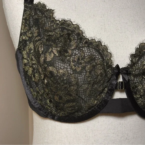 Cacique Unlined Balconette Bra 46C Black & Gold Lace Underwire - Picture 2 of 9